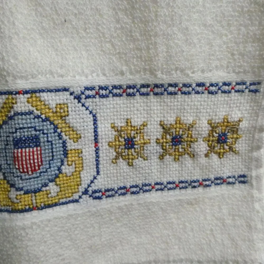 2 Coast Guard Cross Stitch Fingertip Towels Off White Anchors Ship Wheels Emblem